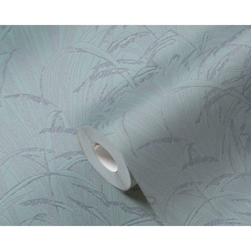 Stilizált pampafüvek natur grafikus mintája kék zöldeskék és ezüst tónus finom fémes hatás tapéta