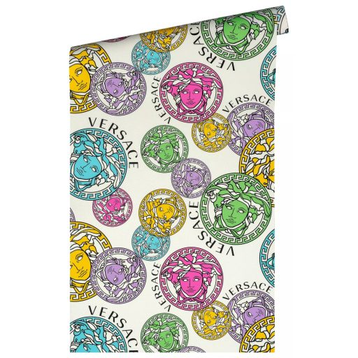 Görög mitológia és a Haute Couture találkozása! Medúza-fejes színes minta fehér és vibráló kék zöld lila rózsaszín és sárga tónus tapéta