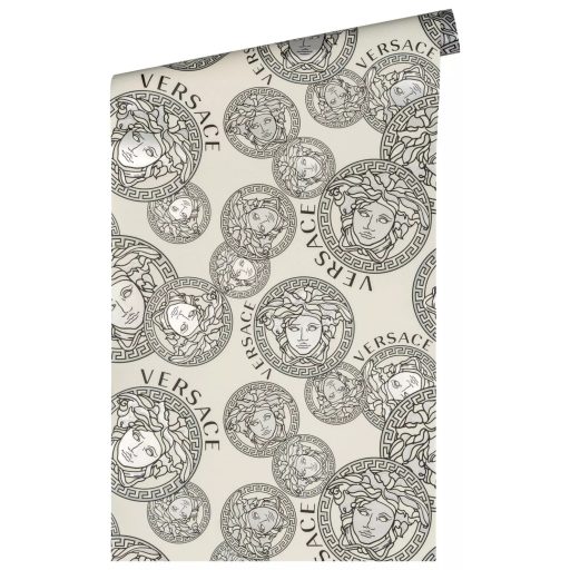 Görög mitológia és a Haute Couture találkozása! Medúza-fejes színes minta törtfehér sötétszürke/fekete és ezüst tónus tapéta