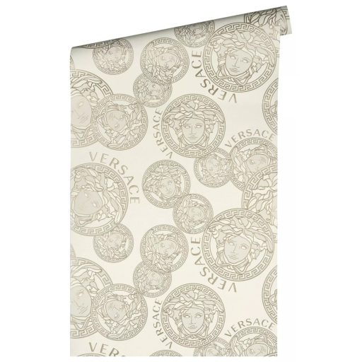 Görög mitológia és a Haute Couture találkozása! Medúza-fejes színes minta krémfehér bézs és arany tónus csillogó részletek tapéta