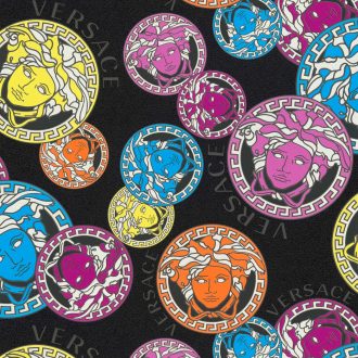   Görög mitológia és a Haute Couture találkozása! Medúza-fejes színes minta fekete és vibráló rózsaszín kék sárga narancs és lila tapéta