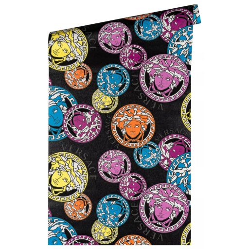 Görög mitológia és a Haute Couture találkozása! Medúza-fejes színes minta fekete és vibráló rózsaszín kék sárga narancs és lila tapéta