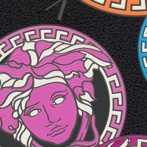 Görög mitológia és a Haute Couture találkozása! Medúza-fejes színes minta fekete és vibráló rózsaszín kék sárga narancs és lila tapéta