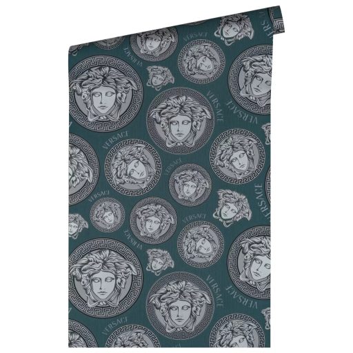 Görög mintakeretben ikonikus Versace - medúzaportrék mély türkiz/sötét tengerzöld ezüstszürke ezüstös-fehér és fekete tónus tapéta