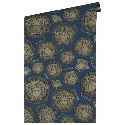 Görög mintakeretben ikonikus Versace - medúzaportrék mély tengerkék/királykék ezüstszürke és bronzos-arany tónus tapéta