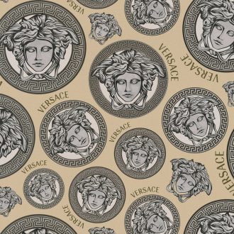   Görög mintakeretben ikonikus Versace - medúzaportrék meleg bézsarany ezüstszürke/pezsgőszín és szénszürke tónus tapéta