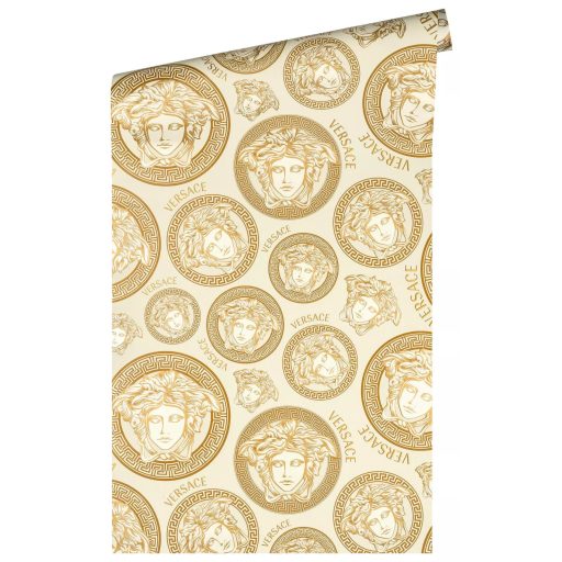 Görög mintakeretben ikonikus Versace - medúzaportrék krémfehér és arany tónus tapéta