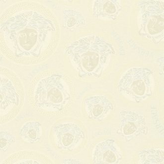   Görög mintakeretben ikonikus Versace - medúzaportrék krémfehér/krémszín selymes-halvány arany és gyöngyház tónus tapéta