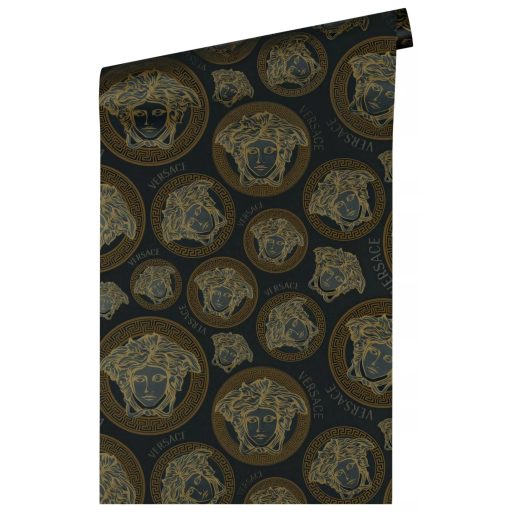 Görög mintakeretben ikonikus Versace - medúzaportrék fekete grafitszürke arany és bronzos-arany tónus tapéta