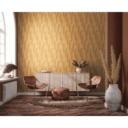 Harmonikusan elrendezett ezüstös pampafű minta sárga és narancs/terra tónus arany finom fény tapéta