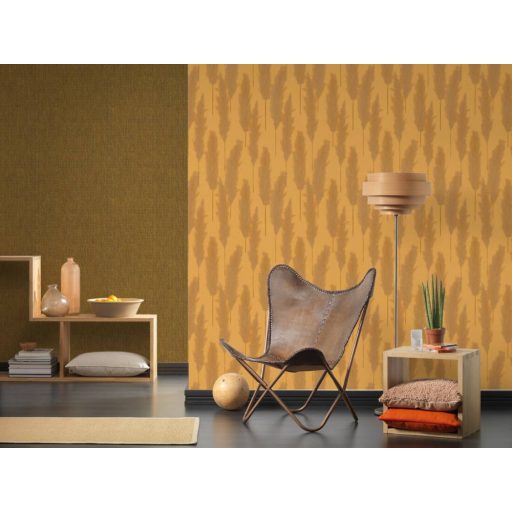 Harmonikusan elrendezett ezüstös pampafű minta sárga és narancs/terra tónus arany finom fény tapéta