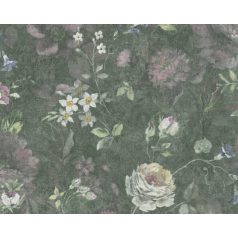   A festő ecsetje már pihen - Művészi Vintage virágábrázolás zöld kék rózsaszín és fehér tónus tapéta