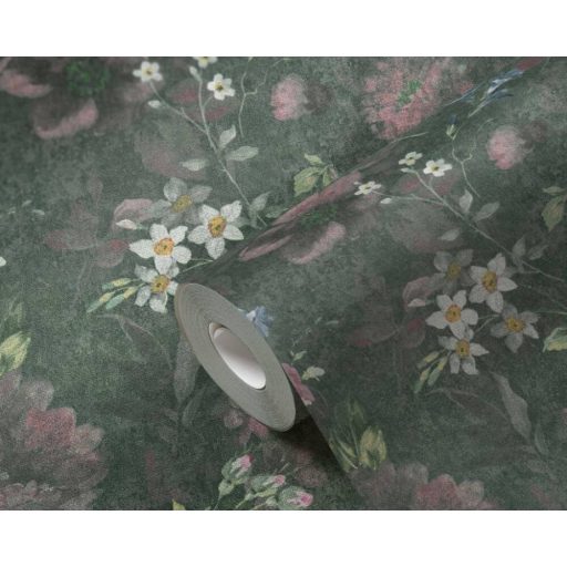 A festő ecsetje már pihen - Művészi Vintage virágábrázolás zöld kék rózsaszín és fehér tónus tapéta