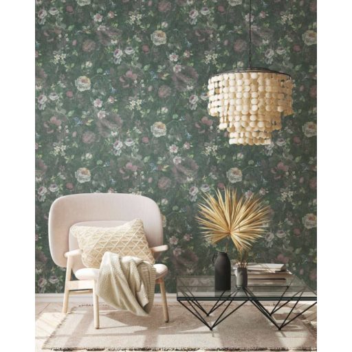 A festő ecsetje már pihen - Művészi Vintage virágábrázolás zöld kék rózsaszín és fehér tónus tapéta