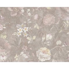   A festő ecsetje már pihen - Művészi Vintage virágábrázolás szürkésbarna lila sárga rózsaszín és fehér tónus tapéta