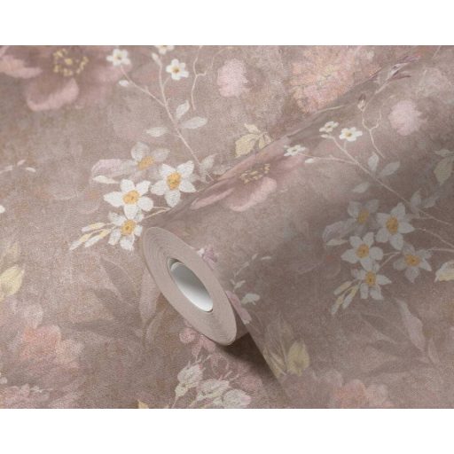 A festő ecsetje már pihen - Művészi Vintage virágábrázolás szürkésbarna lila sárga rózsaszín és fehér tónus tapéta