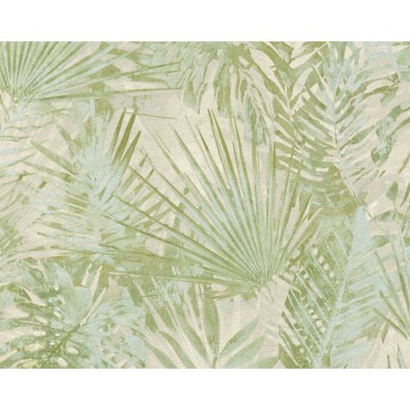 Dzsungel és Fenntarthatóság - Trópusi levelek mintája törtfehér szürke zöld és kékeszöld tónus tapéta