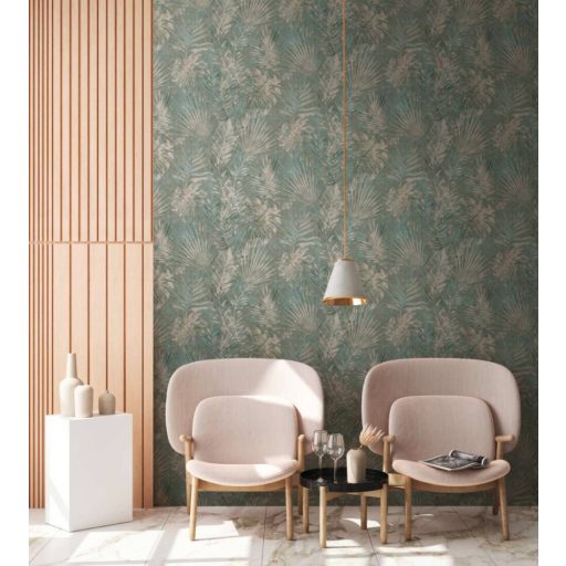 Dzsungel és Fenntarthatóság - Trópusi levelek mintája bézs zöld és türkiz tónus tapéta