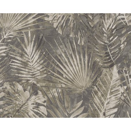 Dzsungel és Fenntarthatóság - Trópusi levelek mintája sötétszürke/fekete bézs barna és szürkésbarna tónus tapéta