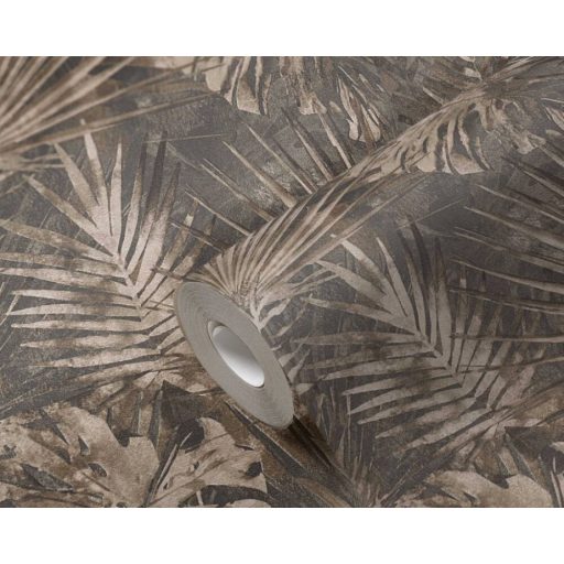 Dzsungel és Fenntarthatóság - Trópusi levelek mintája sötétszürke/fekete bézs barna és szürkésbarna tónus tapéta