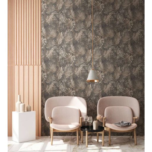 Dzsungel és Fenntarthatóság - Trópusi levelek mintája sötétszürke/fekete bézs barna és szürkésbarna tónus tapéta