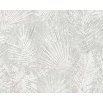   Dzsungel és Fenntarthatóság - Trópusi levelek mintája zöldesszürke krém bézs és szürke tónus tapéta