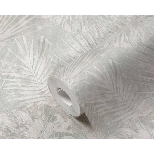 Dzsungel és Fenntarthatóság - Trópusi levelek mintája zöldesszürke krém bézs és szürke tónus tapéta