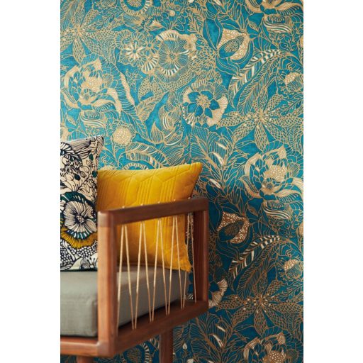 Eijffinger ENSO 386513  rusztikus virágok növények petrolkék bézs arany csillogó fémes fény tapéta