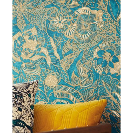 Eijffinger ENSO 386513  rusztikus virágok növények petrolkék bézs arany csillogó fémes fény tapéta