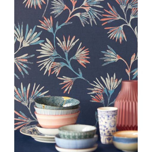 Eijffinger ENSO 386542 natur botanikus virágos mélykék fémes korallszín világoskék bézs tapéta