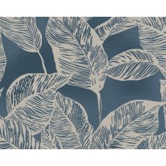   Nagyméretű levelek grafikus illusztrációja textil háttéren bézs és kék tónus tapéta