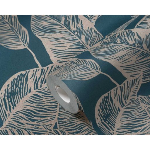 Nagyméretű levelek grafikus illusztrációja textil háttéren bézs és kék tónus tapéta