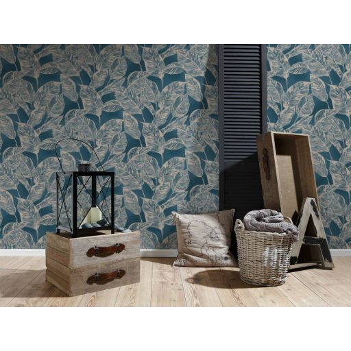 Nagyméretű levelek grafikus illusztrációja textil háttéren bézs és kék tónus tapéta