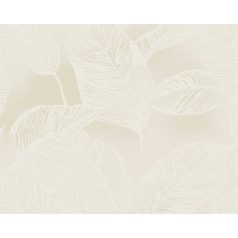   Nagyméretű levelek grafikus illusztrációja textil háttéren krém és bézs tónus tapéta