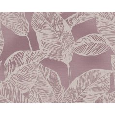   Nagyméretű levelek grafikus illusztrációja textil háttéren bézs/szürkésbézs és mályva tónus tapéta