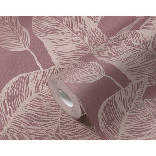 Nagyméretű levelek grafikus illusztrációja textil háttéren bézs/szürkésbézs és mályva tónus tapéta