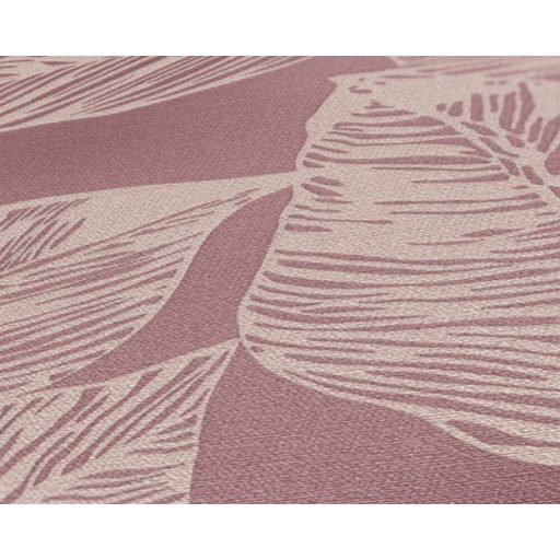 Nagyméretű levelek grafikus illusztrációja textil háttéren bézs/szürkésbézs és mályva tónus tapéta