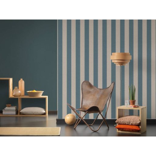 Skandináv stílusú blokkcsíkos minta textil háttéren bézs és kék tónus tapéta