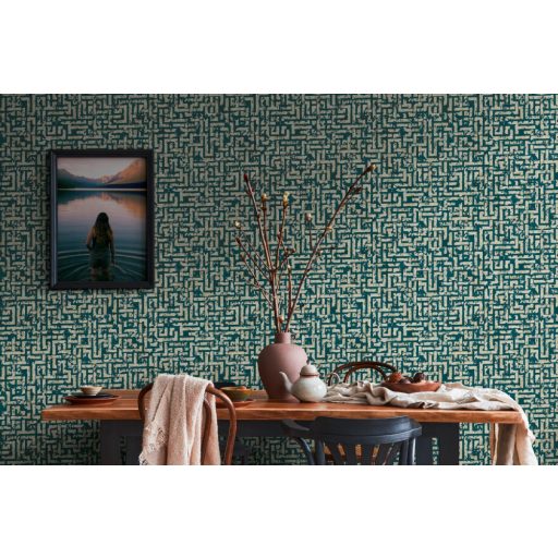 Geometrikus labirintusminta petrol/zöldeskék arany és ezüst csillogó-csillámló mintafelület