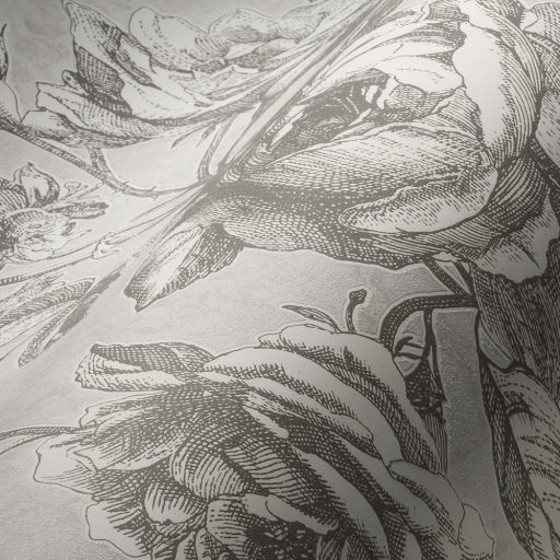 Romantikus álom - rózsaszirmok bimbók metszett mintája szürke tónusok fehér tapéta