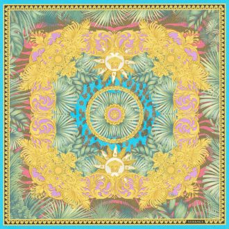   Trópusi egzotikum és a Versace luxus páratlan kombinációja kék zöld lila narancs rózsaszín és arany tónus fémes ragyogás tapéta 