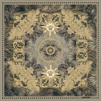   Trópusi egzotikum és a Versace luxus páratlan kombinációja ezüstszürke törtfehér antracit aranyló-barna és arany fémes ragyogás tapéta