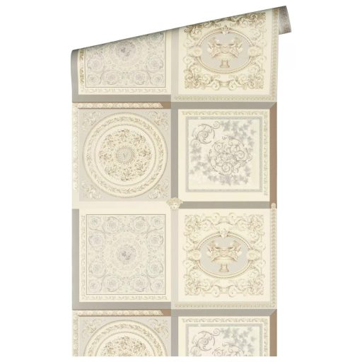 Cizellált csempelapokra emlékeztető gazdag díszítésű ikonikus Versace motívum krém barna szürke ezüst fehérezüst és arany tónus tapéta