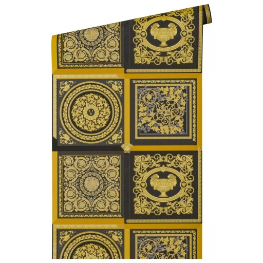 Cizellált csempelapokra emlékeztető gazdag díszítésű ikonikus Versace motívum fekete antracit ezüstszürke és arany tónus tapéta