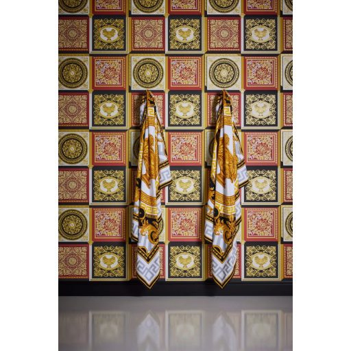 Cizellált csempelapokra emlékeztető gazdag díszítésű ikonikus Versace motívum fekete piros elefántcsont és arany tónus tapéta
