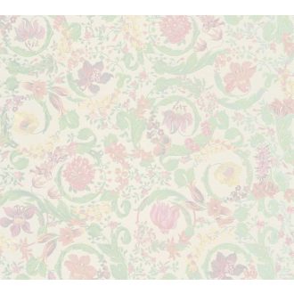   Pasztell romantika és a provence-i kert álmodozó szépsége virágminta fehér púderrózsaszín zöld halvány sárga és pasztell lila tónus tapéta