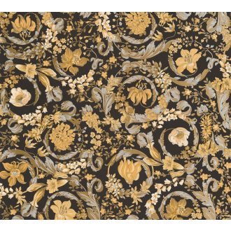   Drámai barokk mintázat gazdag csiga és virágmotívumokkal fekete arany ezüst és krém tónus tapéta