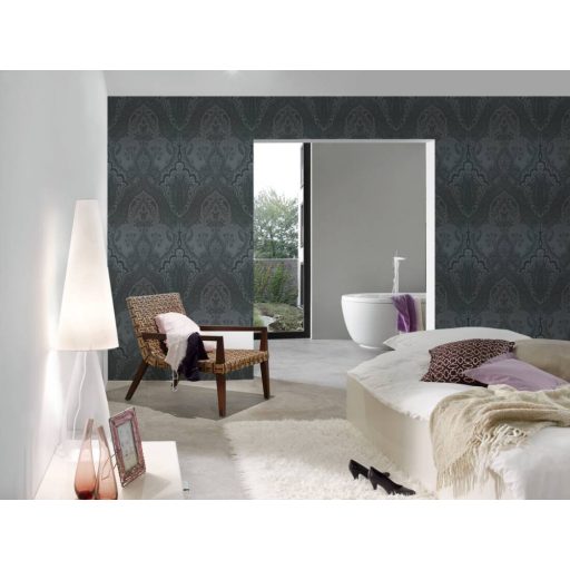 Nagyformátumú damaszt barokk díszítőminta sötétszürke antracit ezüst csillámló hatás tapéta