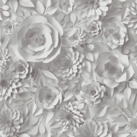 Álomszerű megjelenés - stilizált háromdimenziós virágfal fehér és szürke tónusok tapéta