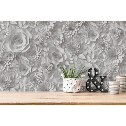 Álomszerű megjelenés - stilizált háromdimenziós virágfal fehér és szürke tónusok tapéta